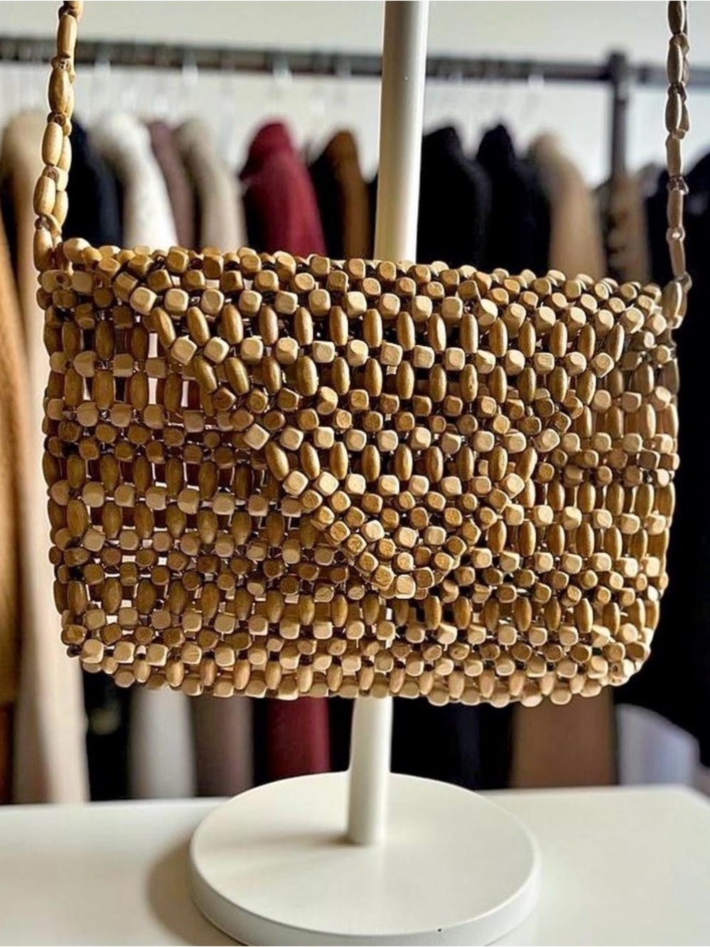Wooden Beaded Shoulder Bag | Boho Y2K Neutral Beaded Woven Purse - Picture 1 of 7